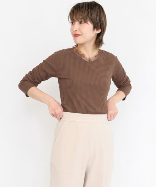 ＊＊KBF / ケービーエフ Tシャツ | レース付き裏起毛テレコトップス∴（BROWN）