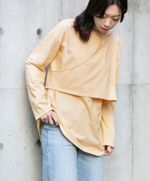 ＊＊KBF / ケービーエフ Tシャツ | KBF+　アシメレイヤードカットアウトロングTシャツ∴（ORANGE）