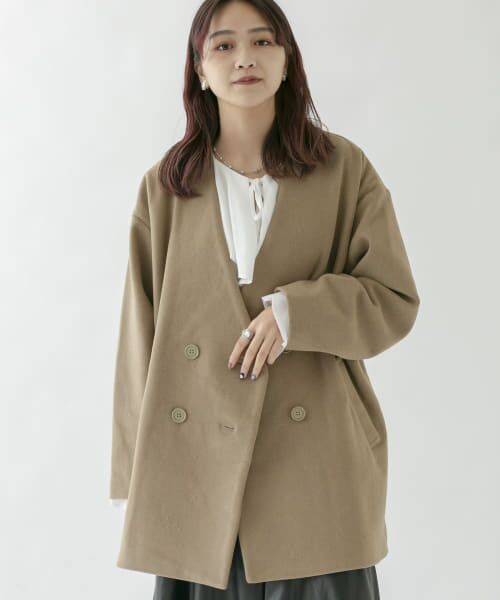 【WEB限定】ワイドスリーブノーカラーショートコート ワイドスリーブノーカラーロングコート | AND ON JIONE STORE