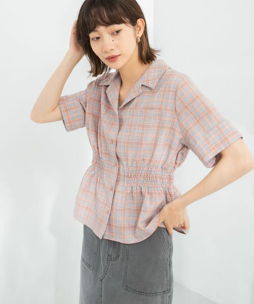 ＊＊KBF / ケービーエフ シャツ・ブラウス | ウエストギャザーチェックシャツ（ORANGE）