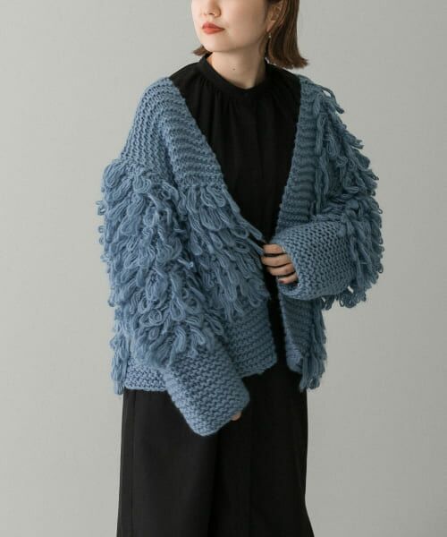 ＊＊KBF / ケービーエフ カーディガン・ボレロ | パッチワークループニットカーディガン（BLUE）