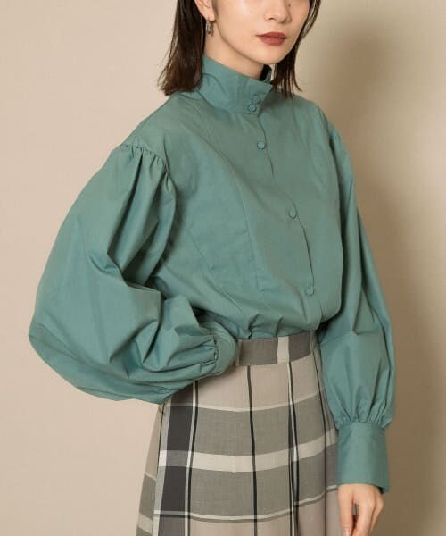 ＊＊KBF / ケービーエフ シャツ・ブラウス | スタンドカラーデザイン切替シャツ（BLUE GREEN）