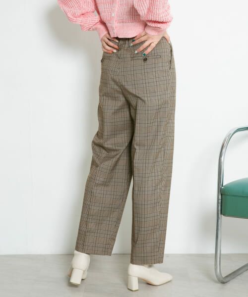 Drawer センタープレス　タータンチェックワイドパンツ ピンク センタープレスチェックフレアパンツ[品番：PNYW0004750