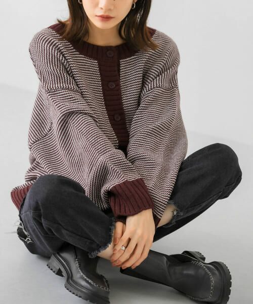 ＊＊KBF / ケービーエフ ニット・セーター | 2WAYボーダーカーディガン（BORDEAUX）