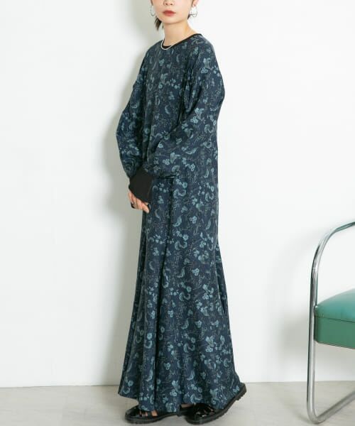 フラワープリントマーメイドワンピース長袖 りぼん付きスタンドカラークラシカルフラワープリントマーメイド