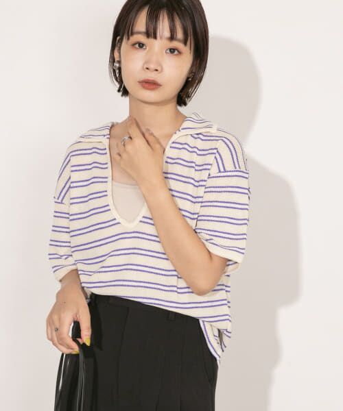 ＊＊KBF / ケービーエフ Tシャツ | Vネックボーダープルオーバー（IVORY）