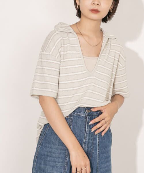 ＊＊KBF / ケービーエフ Tシャツ | Vネックボーダープルオーバー（PALE GREEN）