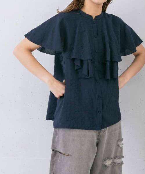 ＊＊KBF / ケービーエフ シャツ・ブラウス | ノースリーブフリルカラーブラウス（NAVY）
