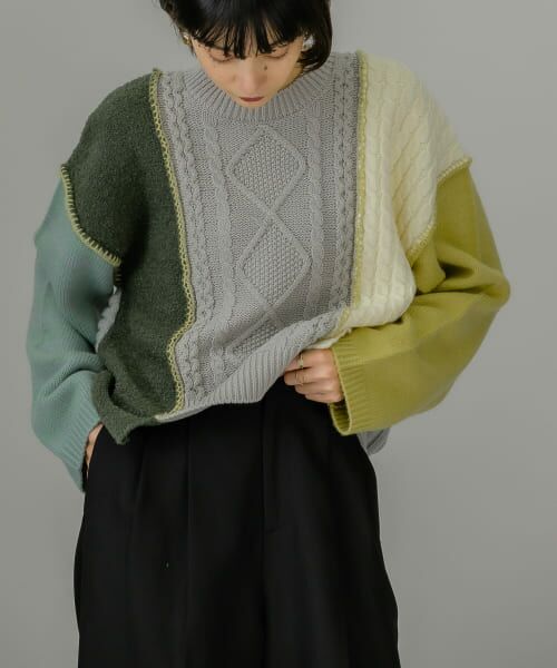＊＊KBF / ケービーエフ ニット・セーター | MIXカラーパッチワークニット（GRN×YEL）