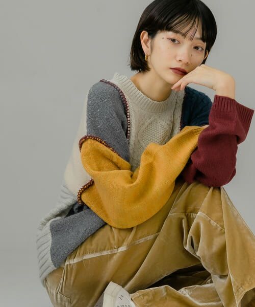 ＊＊KBF / ケービーエフ ニット・セーター | MIXカラーパッチワークニット（ORG×WINE）
