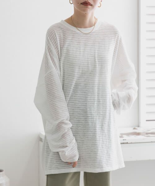 ＊＊KBF / ケービーエフ Tシャツ | シアーボーダールーズカットソー（WHITE）