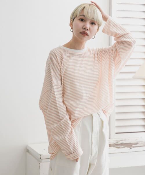 ＊＊KBF / ケービーエフ Tシャツ | シアーボーダールーズカットソー（SALMONPINK）