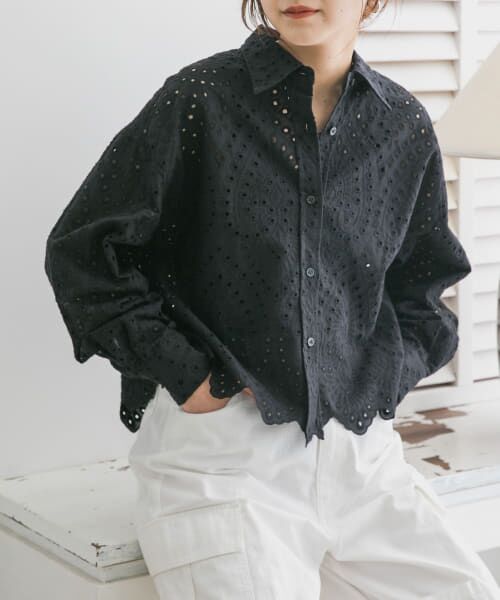 ＊＊KBF / ケービーエフ シャツ・ブラウス | スカラップレースシャツ（BLACK）