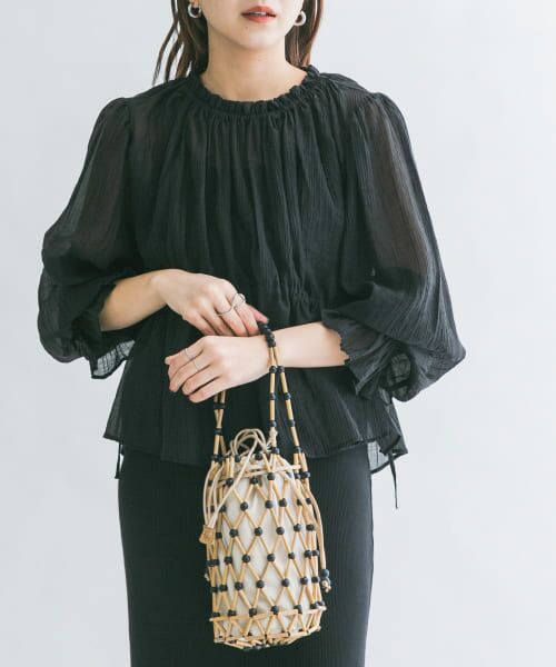 ＊＊KBF / ケービーエフ シャツ・ブラウス | ウエストギャザリングシアーブラウス（BLACK）