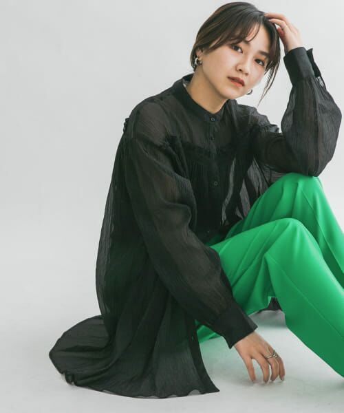 ＊＊KBF / ケービーエフ シャツ・ブラウス | シアーギャザーシャツチュニック（BLACK）