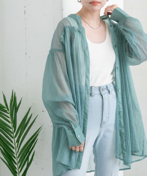 ＊＊KBF / ケービーエフ シャツ・ブラウス | シアーギャザーシャツチュニック（BLUE）