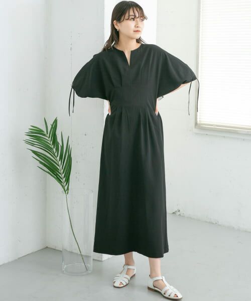 ＊＊KBF / ケービーエフ ワンピース | 『36サイズ/低身長向けも展開』ドロストスリーブウエストタックワンピース（BLACK）