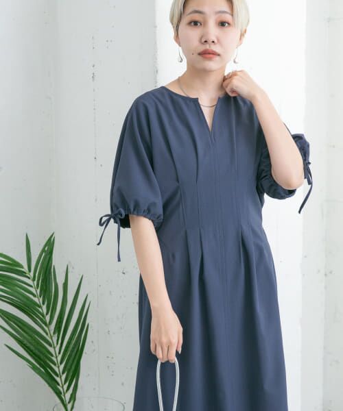 ＊＊KBF / ケービーエフ ワンピース | 『36サイズ/低身長向けも展開』ドロストスリーブウエストタックワンピース（NAVY）