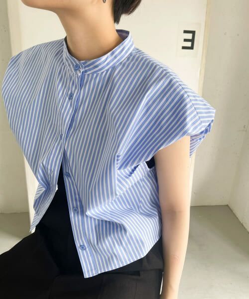 ＊＊KBF / ケービーエフ シャツ・ブラウス | パフスリーブストライプシャツ（BLUE）