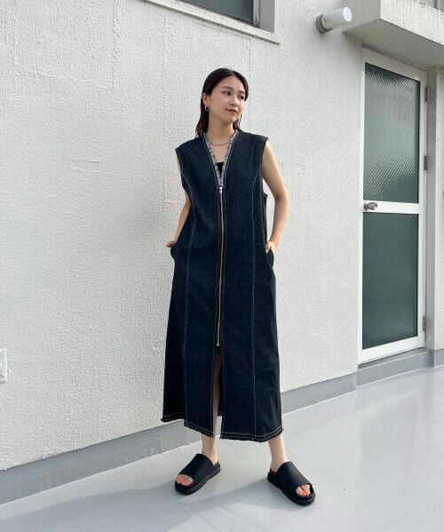 ノースリーブフリンジワンピース SPRING オーガンジーフロントギャザーノースリーブワンピース