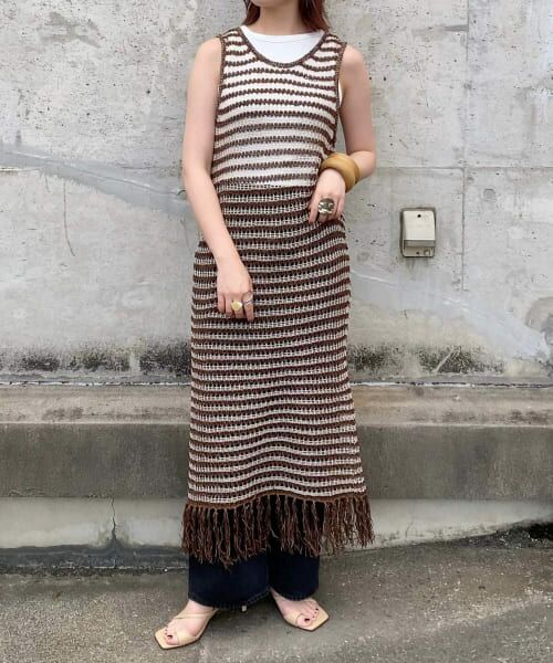 ＊＊KBF / ケービーエフ ワンピース | フリンジメッシュニットワンピース（BROWN MIX）