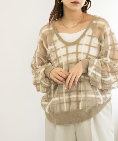 ＊＊KBF / ケービーエフ ニット・セーター | シアーチェックフェザーニット（GREIGE）