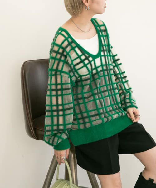 ＊＊KBF / ケービーエフ ニット・セーター | シアーチェックフェザーニット（GREEN）