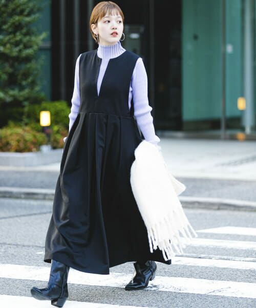 ＊＊KBF / ケービーエフ ワンピース | キーネックBIGプリーツジャンパースカート（BLACK）