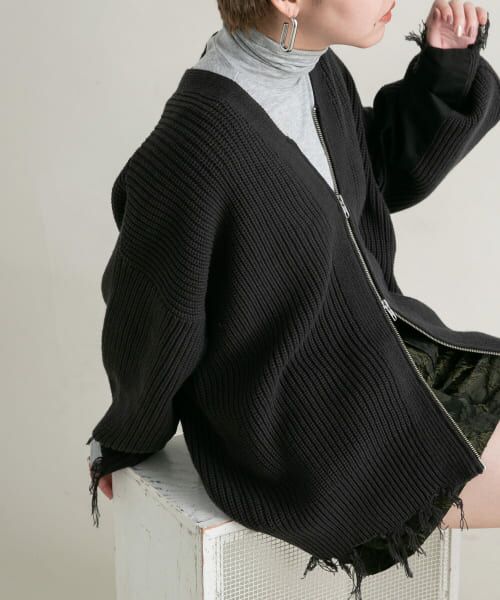 ＊＊KBF / ケービーエフ カーディガン・ボレロ | フロントZIPダメージニットカーディガン（BLACK）