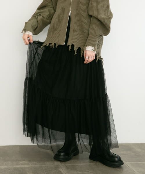 ＊＊KBF / ケービーエフ スカート | ティアードドットチュールスカート（BLACK）