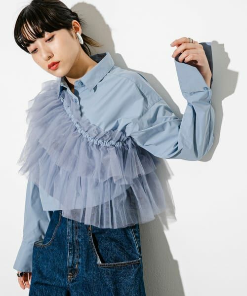 ＊＊KBF / ケービーエフ シャツ・ブラウス | チュールSETクロップドシャツ（BLUE）