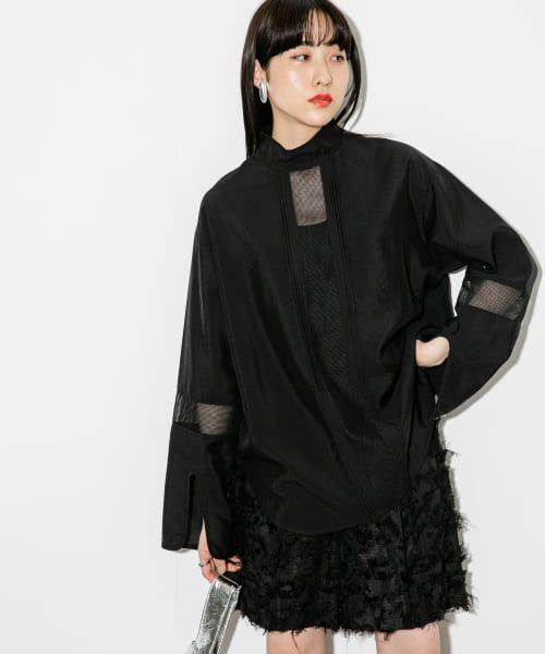 ＊＊KBF / ケービーエフ シャツ・ブラウス | ハイネックメッシュラインブラウス（BLACK）
