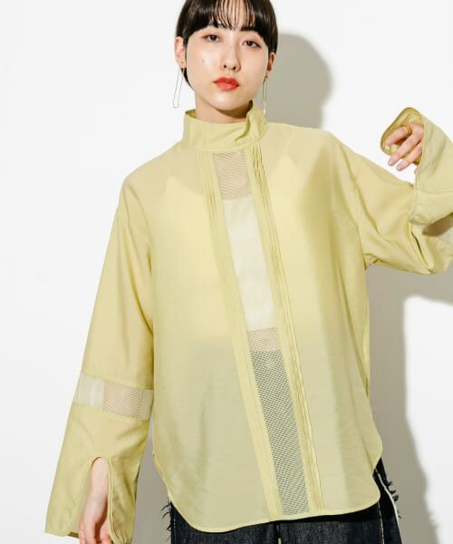 セール】 ハイネックメッシュラインブラウス （シャツ・ブラウス