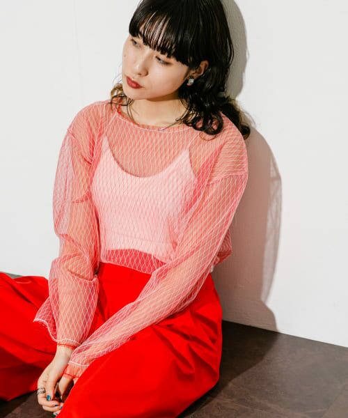 ＊＊KBF / ケービーエフ Tシャツ | リバーシブルレイヤードチュールカットソー（IVORY×RED）