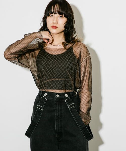 ＊＊KBF / ケービーエフ Tシャツ | リバーシブルレイヤードチュールカットソー（BEIGE×BLK）