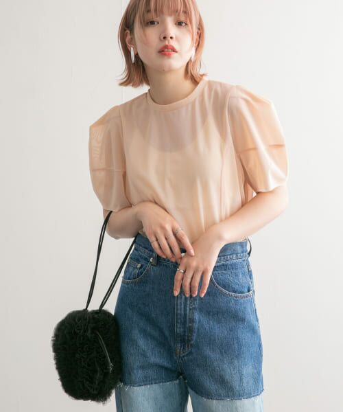 ＊＊KBF / ケービーエフ Tシャツ | ショルダータックメッシュトップス（PINK BEIGE）