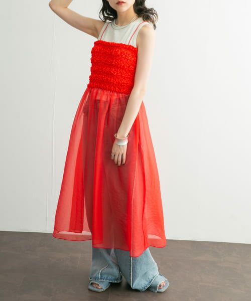 ＊＊KBF / ケービーエフ ワンピース | 2WAYシャーリングシアーワンピース（RED）