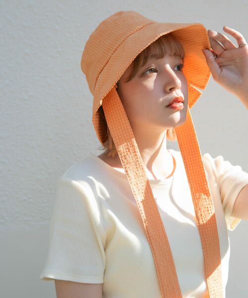 ＊＊KBF / ケービーエフ ハット | リボン付きチェックバケットHAT（APRICOT）
