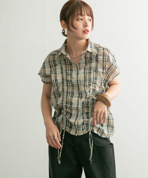 ＊＊KBF / ケービーエフ シャツ・ブラウス | ドロストシアーチェックブラウス（BEIGE）
