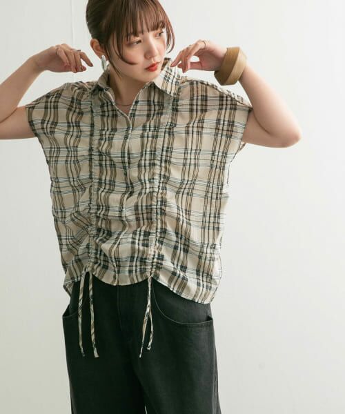 リンカブル　チェックシアーブラウス セール】 ドロストシアーチェックブラウス （シャツ・ブラウス