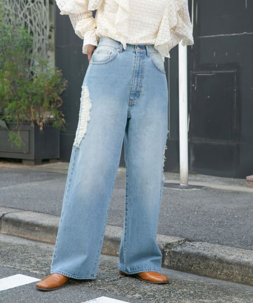 ＊＊KBF / ケービーエフ デニムパンツ | 『低身長向けも展開』ダメージウォッシングデニム（BLUE）