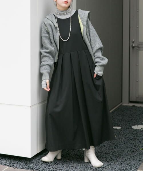 ＊＊KBF / ケービーエフ ワンピース | 『2サイズ展開』キーネックBIGプリーツジャンパースカート（BLACK）