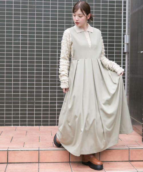 ＊＊KBF / ケービーエフ ワンピース | 『2サイズ展開』キーネックBIGプリーツジャンパースカート（L.KHAKI）