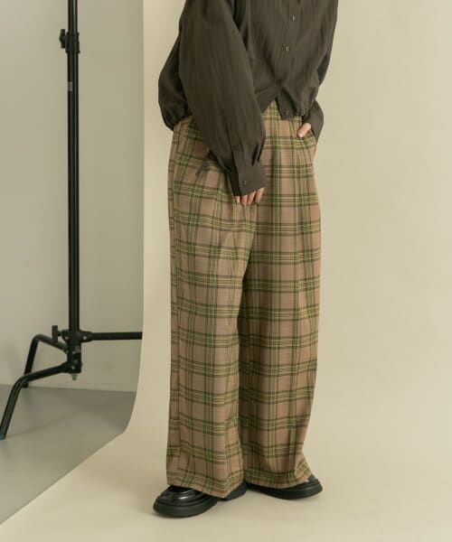 mahf コンフィーパンツ2 Wクロス2XL ブラウンチェック柄 ストレッチ♪ブロック&タータンチェック柄スキニーロング