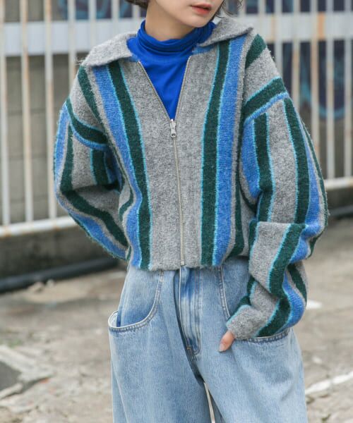＊＊KBF / ケービーエフ カーディガン・ボレロ | フロントZIPストライプカーディガン（GRAY MIX）