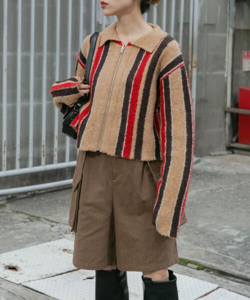 ＊＊KBF / ケービーエフ カーディガン・ボレロ | フロントZIPストライプカーディガン（BEIGE MIX）