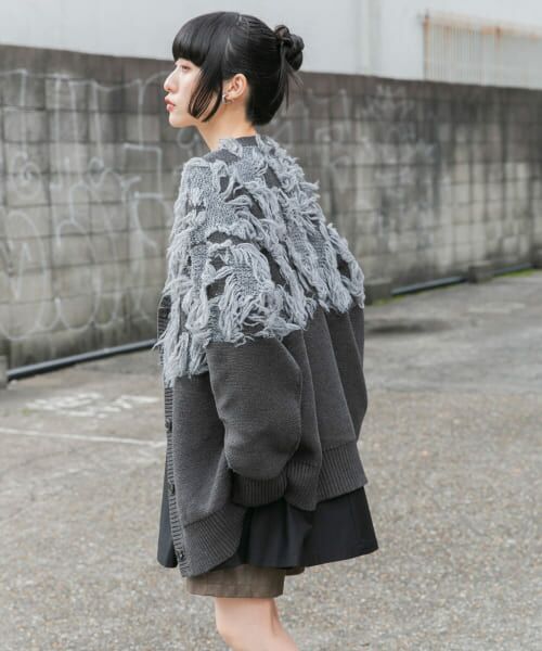 ＊＊KBF / ケービーエフ カーディガン・ボレロ | ジャガードフリンジカーディガン（BLACK）