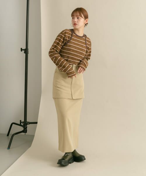 トップス kei MULTI STRIPED DOBBY CHINO BELTED HIGH WAIST PANTS(XS Navy