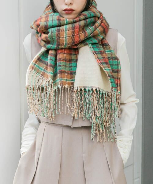 ＊＊KBF / ケービーエフ マフラー・ショール・スヌード・ストール | リバーシブルチェックストール（BEIGE）