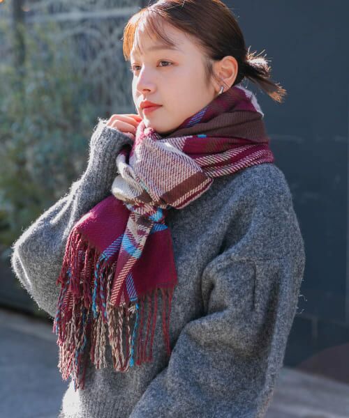 ＊＊KBF / ケービーエフ マフラー・ショール・スヌード・ストール | リバーシブルチェックストール（BURGUNDY）